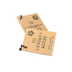 Custom folded hang tag brown background with black text no sugar added inspiration by qualitycustomboxes.com