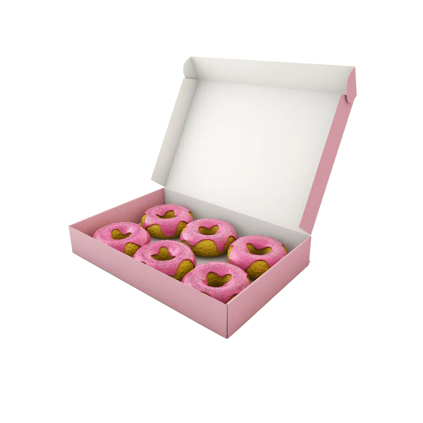 Custom Food Mailer Box Folding Cartons Pink Color Outside White Color Inside Open View Donuts Box Inspiration by qualitycustomboxes.com